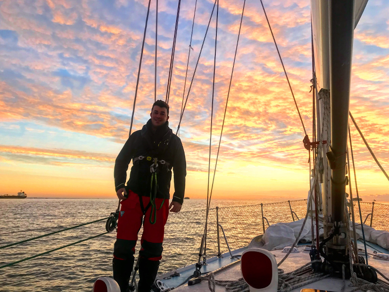 Ollie Garton on board during sunset