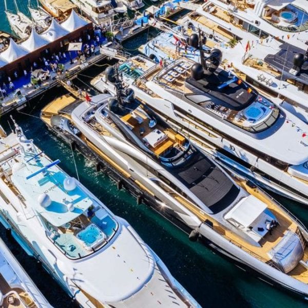 A line of Superyachts in a dock