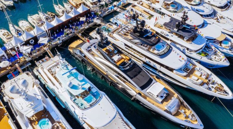 A line of Superyachts in a dock